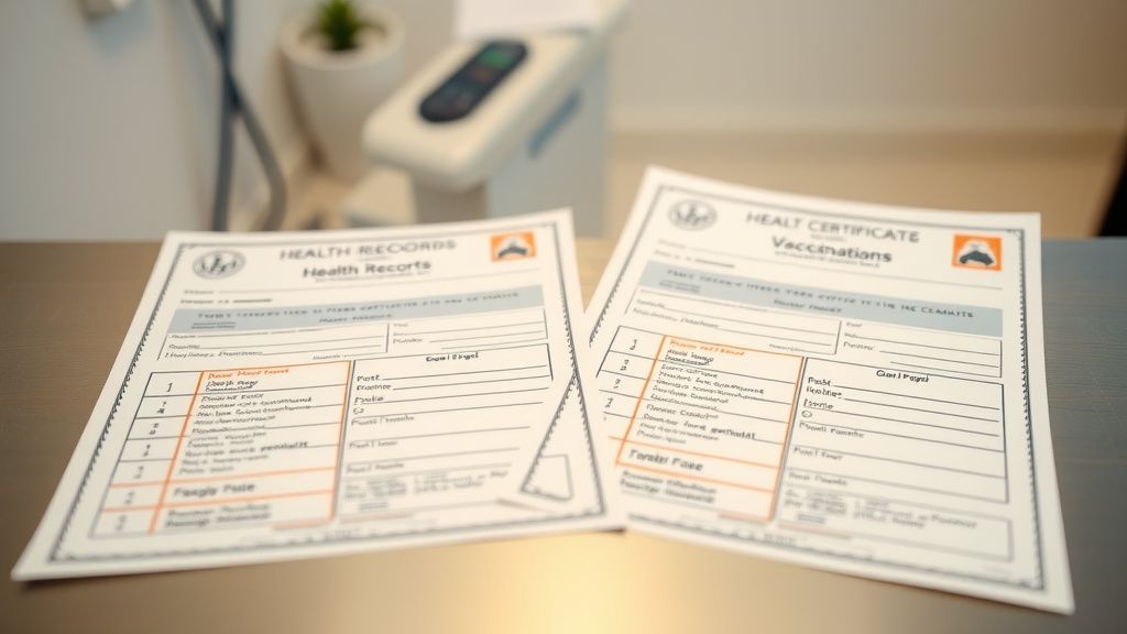 A close-up photo of two dogs' health records and vaccination certificates side b