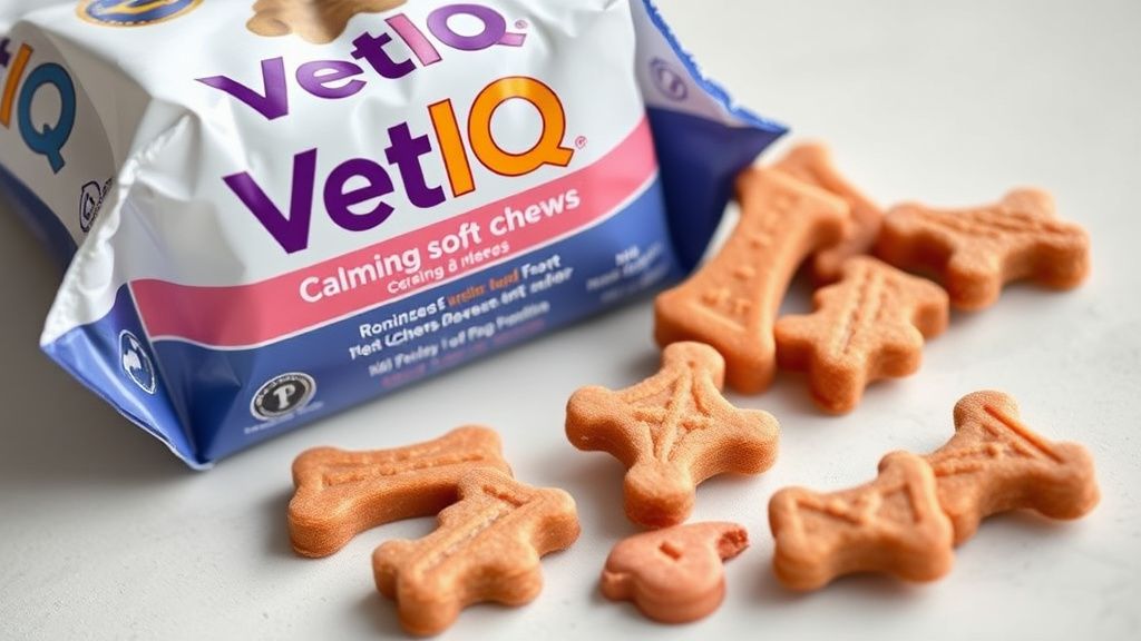 A close-up photo of VetIQ Calming Soft Chews packaging and a few of the soft che