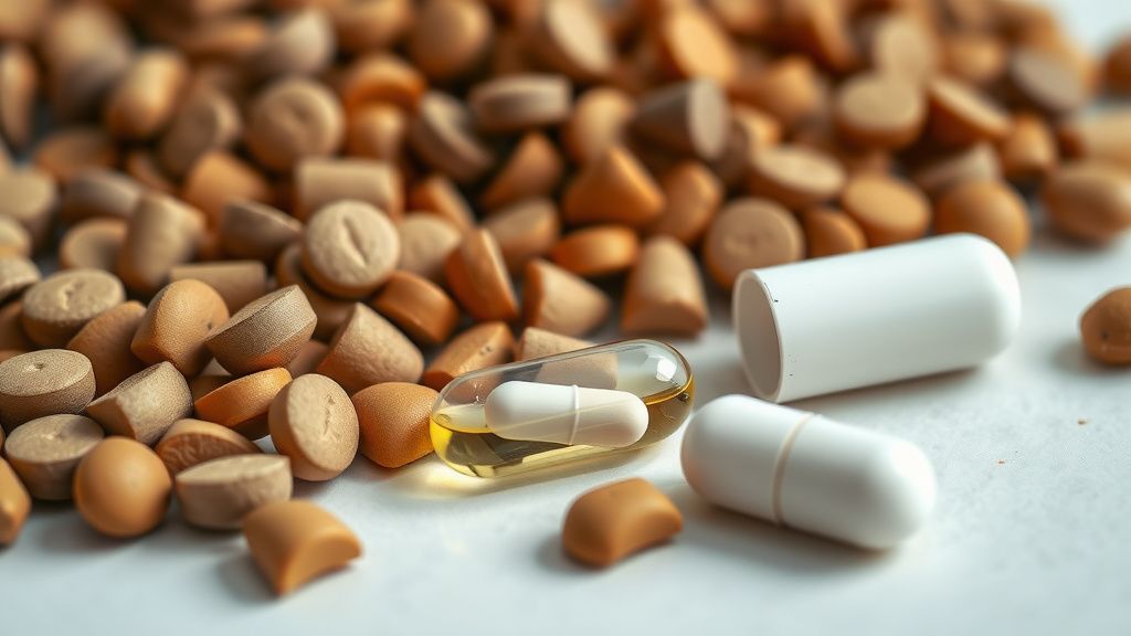 A close-up photo showing a mix of high-quality dog food kibble, a fish oil capsu