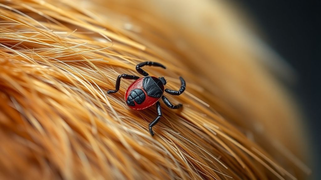 A close-up photo showing a tick embedded in a dog's skin, surrounded by fur, to 