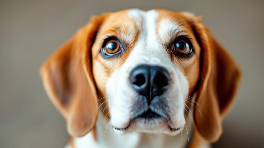 A close-up portrait of a Beagle's face, showing its expressive eyes and floppy e
