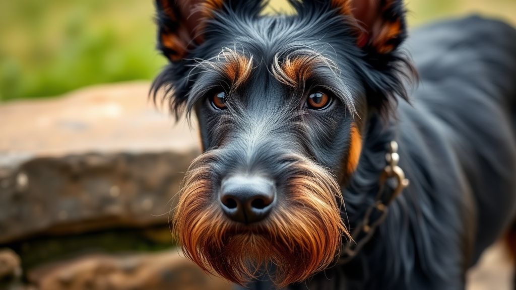 A close-up portrait of a Belgian Laekenois's face, showing its distinctive wiry,