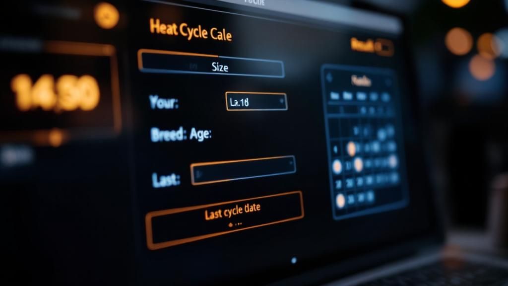 A close-up screenshot of a sophisticated online dog heat cycle calculator interf