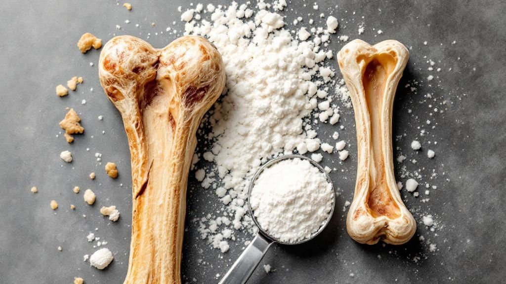 A close-up, side-by-side comparison: a healthy, strong dog bone next to a brittl
