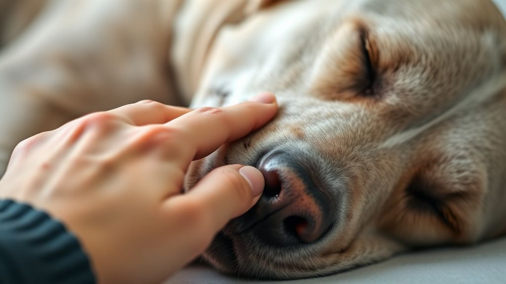 A close-up, tender photo of a person's hand gently stroking the graying muzzle o