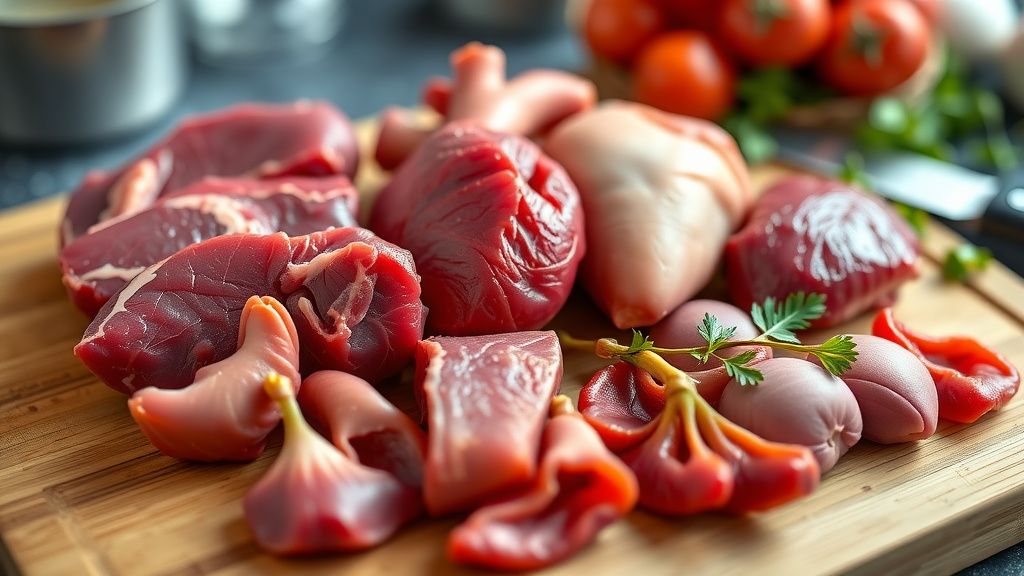 A close-up, vibrant photo of fresh, raw organ meats like liver, heart, and kidne