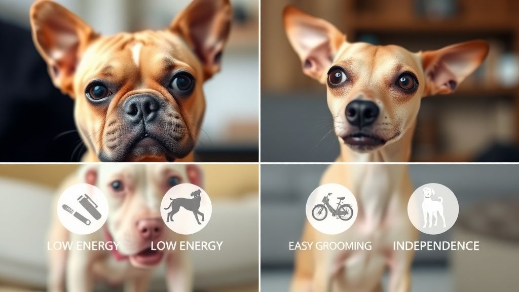 A collage showing four different low-maintenance dog breeds (e.g., French Bulldo