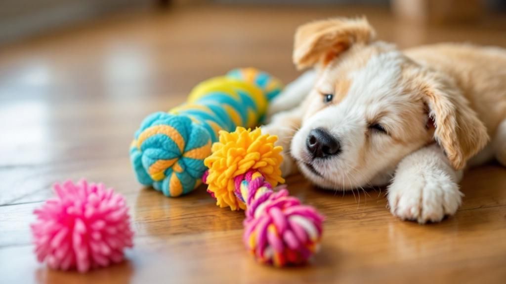 A colorful assortment of basic puppy toys—a rubber chew, a rope toy, a plush toy