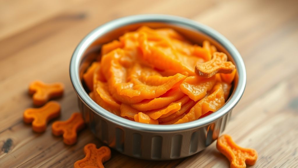 A colorful photo of a cooked, mashed orange sweet potato in a dog bowl, with a f