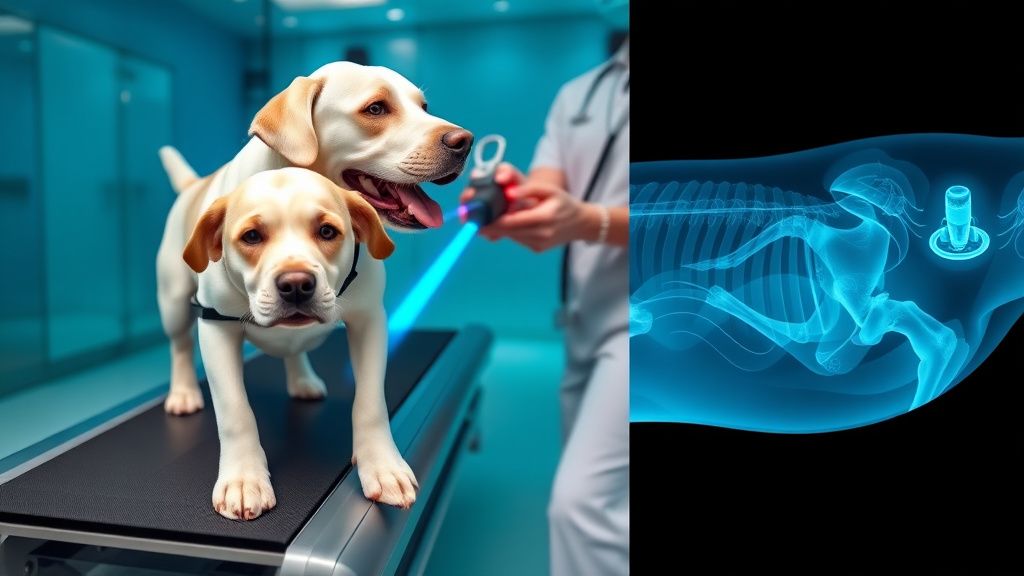 A composite image showing a dog on a physical therapy underwater treadmill, a do