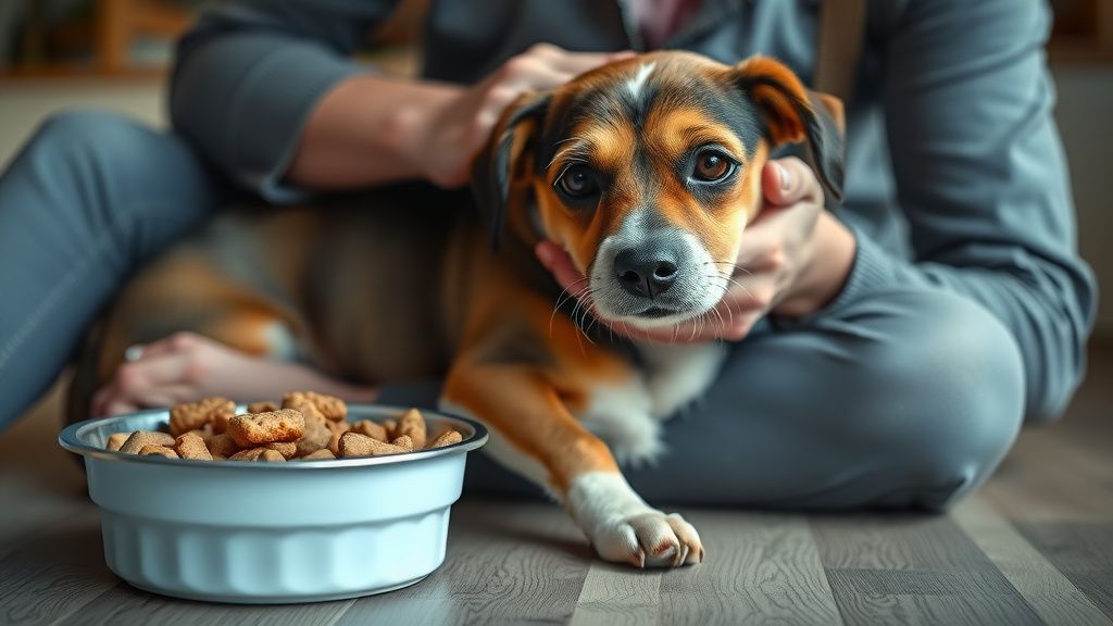 A concerned dog owner gently holding their visibly thinner dog, with a bowl of u