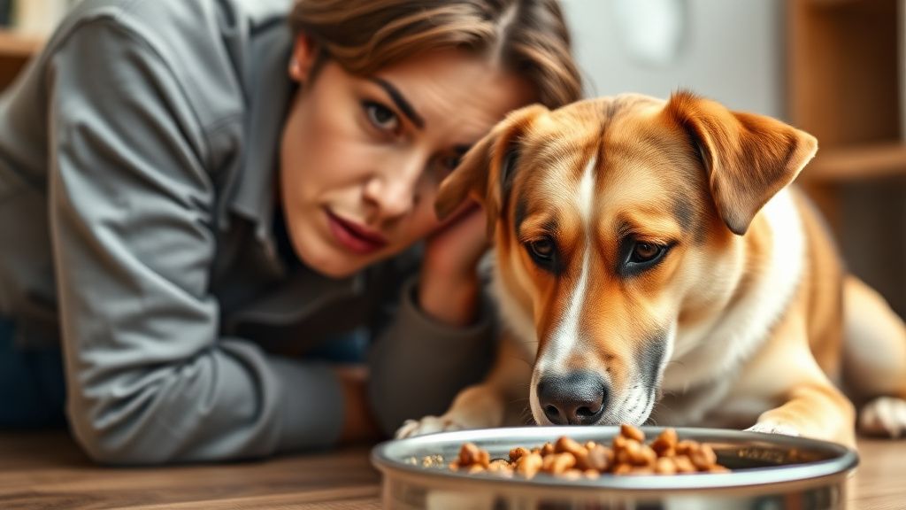 A concerned dog owner looking at their dog, who appears uncomfortable or letharg