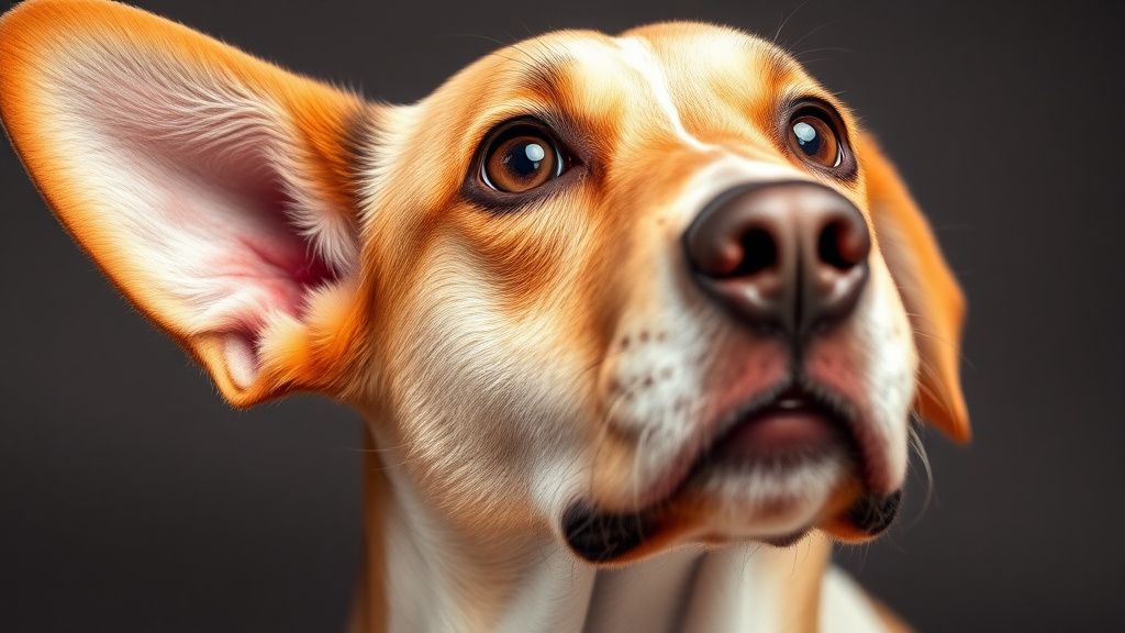 A concerned-looking dog with one ear held up, showing a visibly red and inflamed