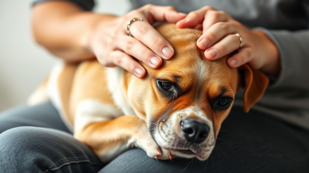 A concerned owner gently comforting a dog that looks uncomfortable, perhaps with