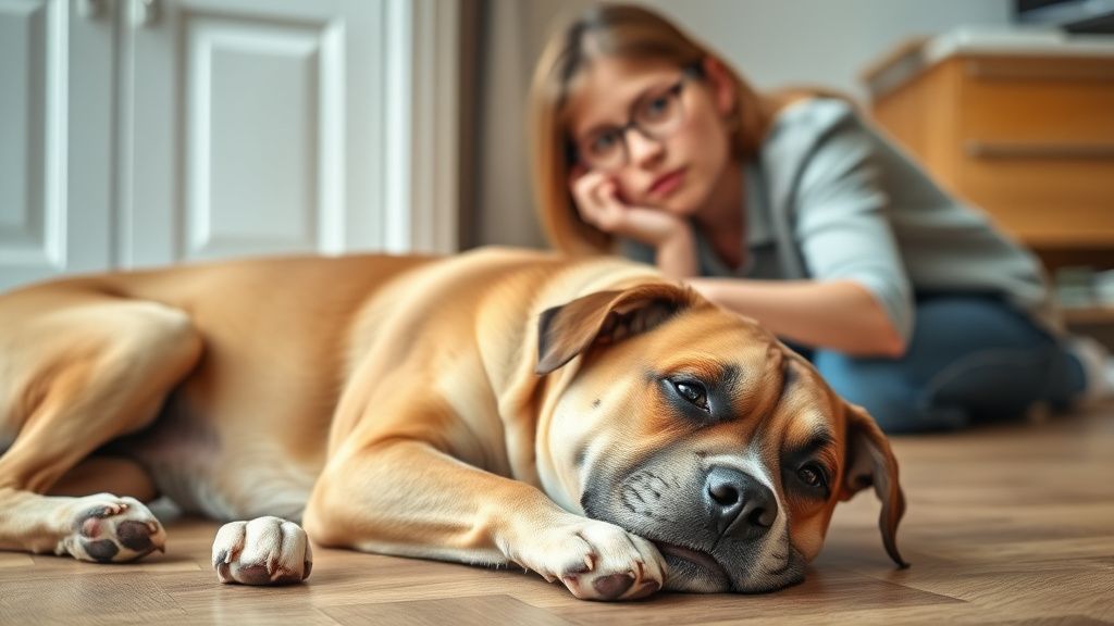 A concerned pet owner looking at their lethargic dog lying on the floor.
