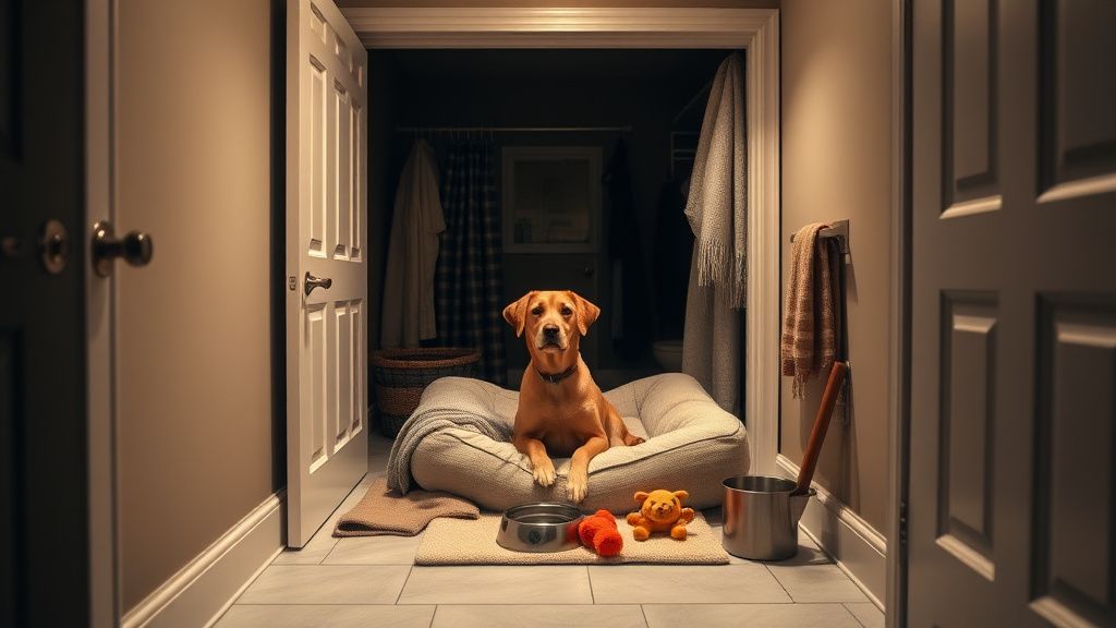 A cozy, dimly lit interior room like a bathroom or closet, set up as a dog safe