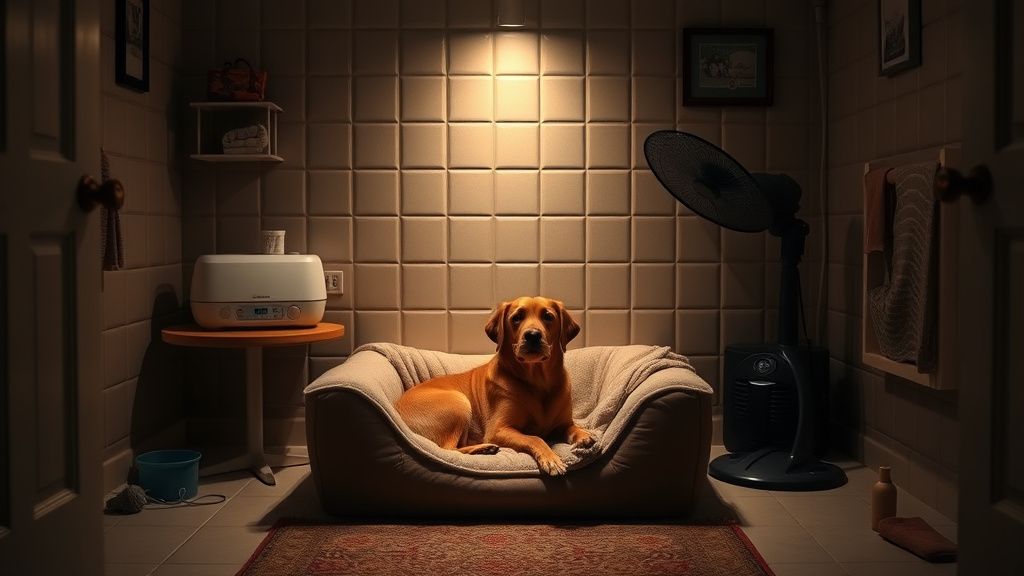 A cozy, dimly lit interior room (like a bathroom) prepared as a safe haven, with