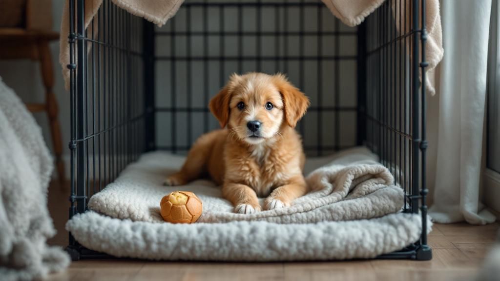 A cozy puppy crate set up with a soft mat, a chew toy, and a blanket, placed in 