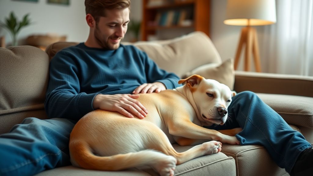 A cozy, softly lit living room scene with a person sitting on a couch, gently pe