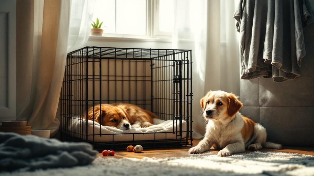 A cozy, well-lit corner of a quiet room featuring an open dog crate with a soft 