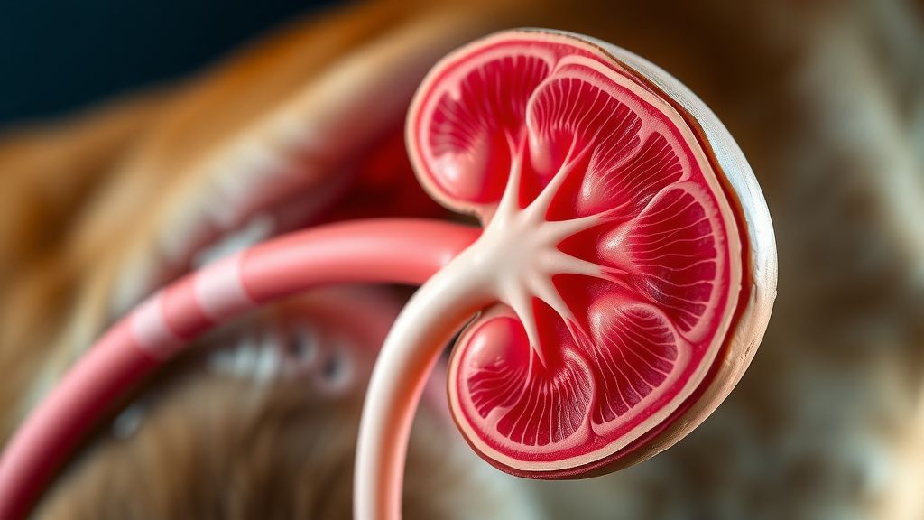 A detailed, colorful medical illustration showing a cross-section of a dog's kid