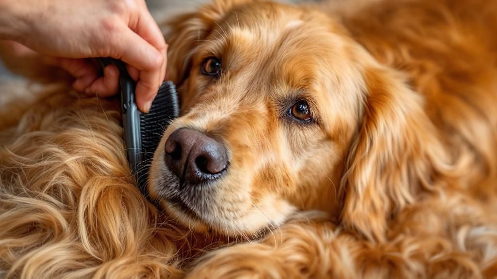 A detailed photo of a Golden Retriever's lustrous, shiny golden coat being gentl