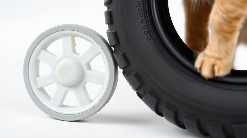 A detailed shot of the HPZ Pet Rover Prime's air-filled rubber tire next to a so