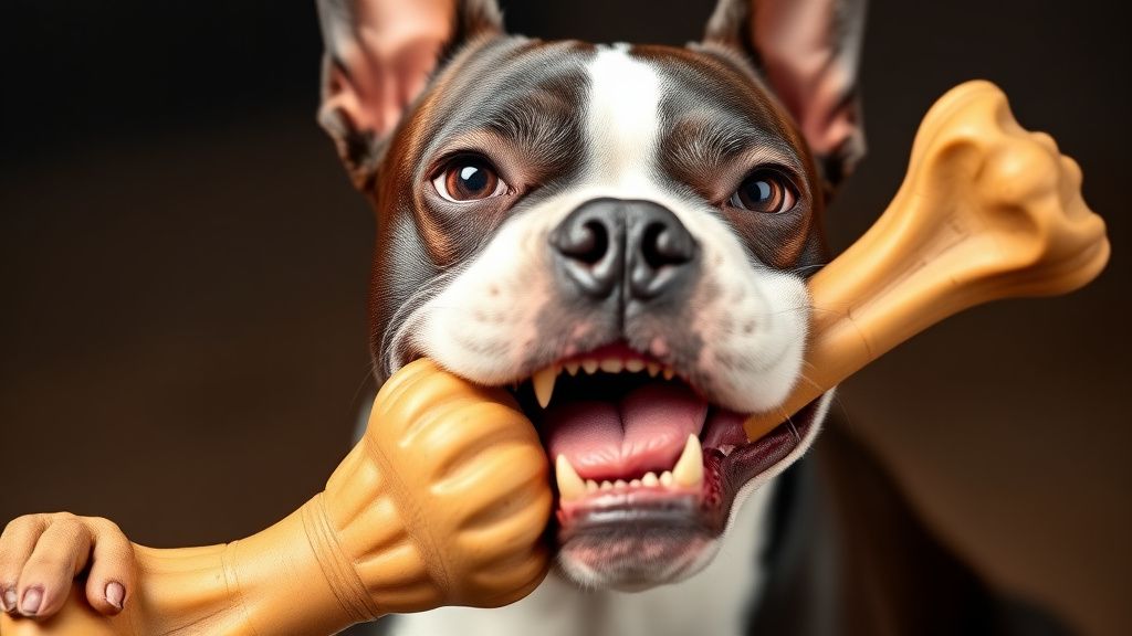 A determined-looking Boston Terrier gripping and chewing a robust, heavy-duty ny