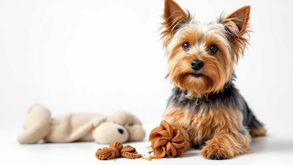 A determined-looking Yorkshire Terrier proudly holding a heavily chewed but inta