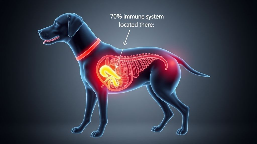 A diagram or illustration showing a dog's body with a highlighted, glowing gastr