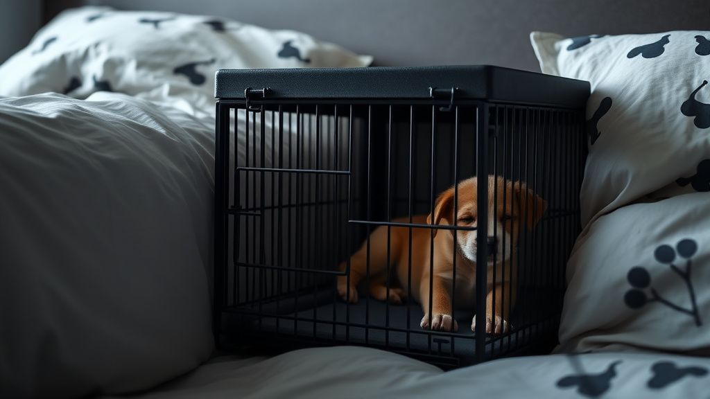 A dimly lit photo of a puppy crate placed right beside a human bed, with a sleep