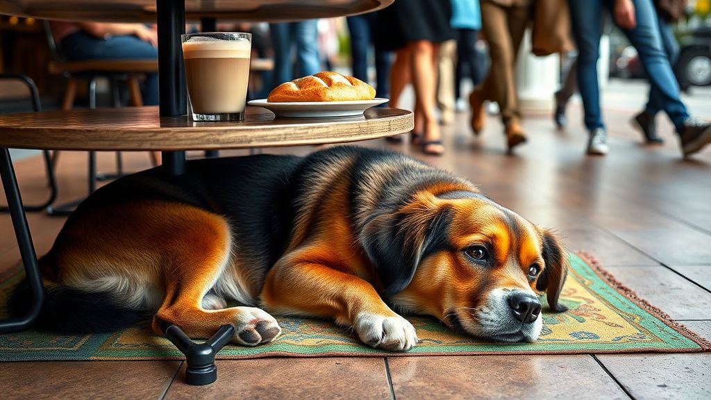 A dog calmly lying on a colorful mat under a cafe table, with a latte and pastry