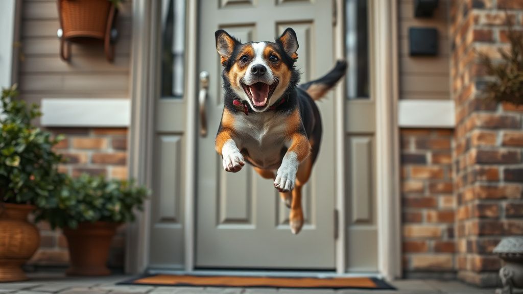 A dog caught mid-air, jumping towards a person at a front door, conveying chaoti