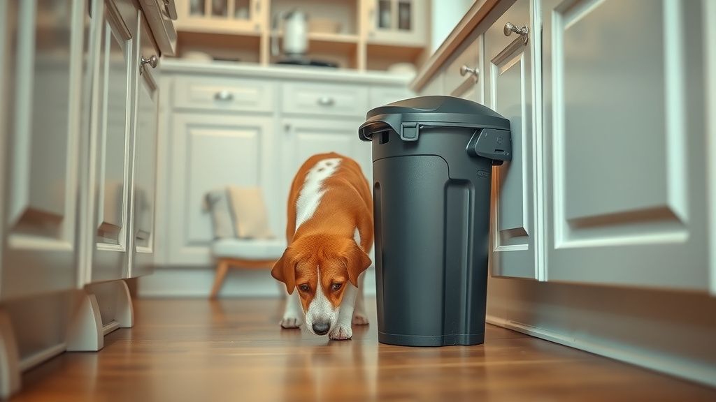 A dog curiously sniffing around a kitchen, with a securely latched trash can and