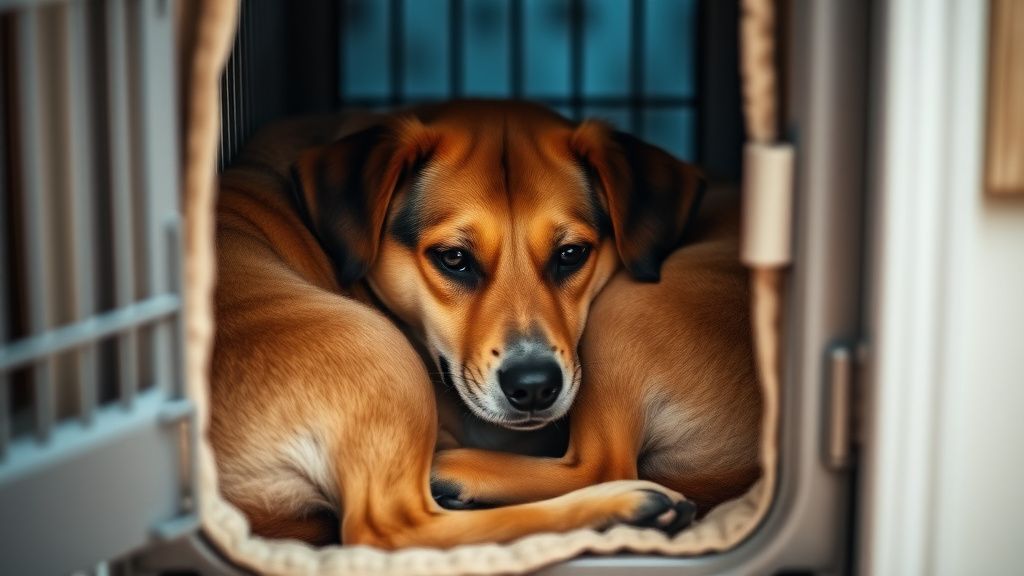 A dog curled up in a safe, cozy corner or crate, looking calm but observant in a