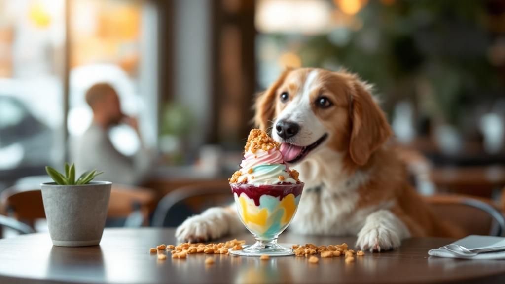 A dog happily eating a colorful ice cream sundae with dog-safe toppings like deh