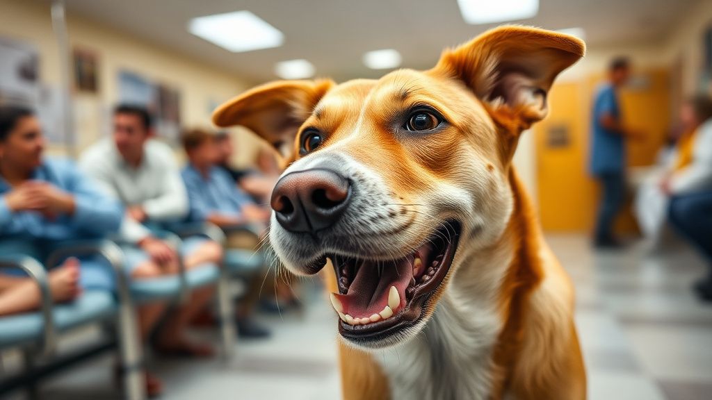 A dog in a busy vet waiting room, wide-eyed with a tense body posture, caught mi