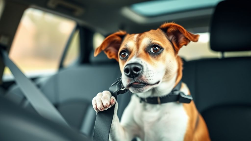 A dog in the backseat of a car, looking anxious and beginning to chew on a seat 