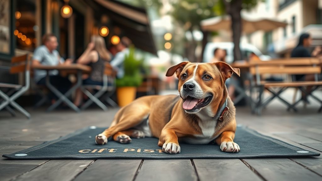 A dog looking relaxed and content while lying on its designated mat in a busy ou