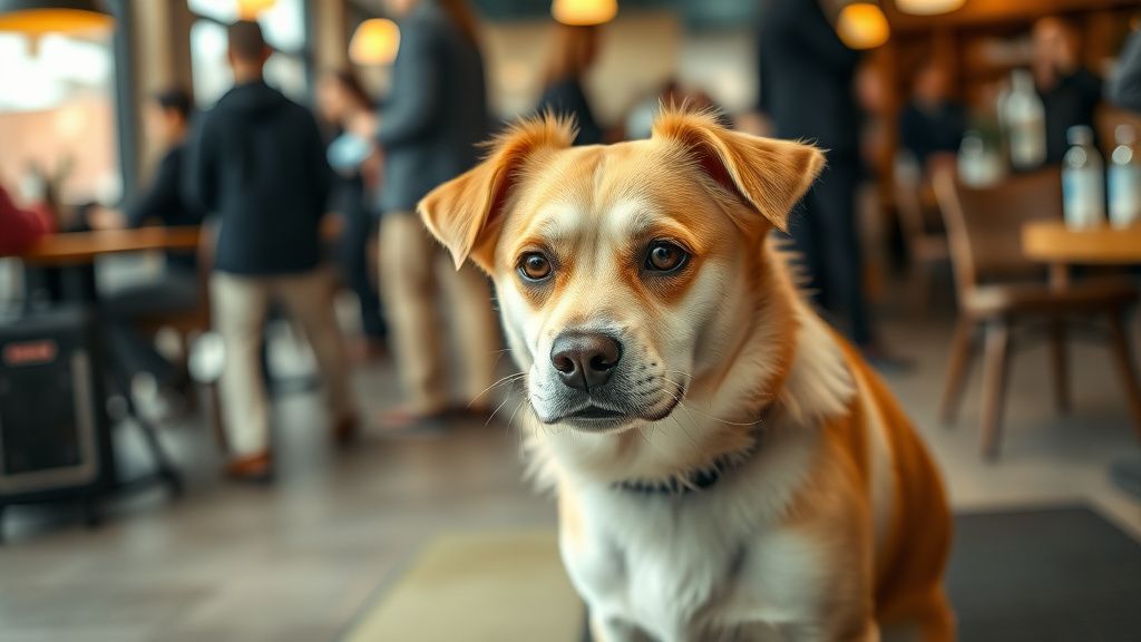 A dog looking slightly anxious or overstimulated in a busy cafe environment, wit