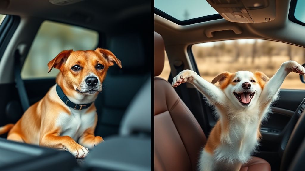 A dog looking stiff and uncomfortable in the back seat of a car, contrasted with