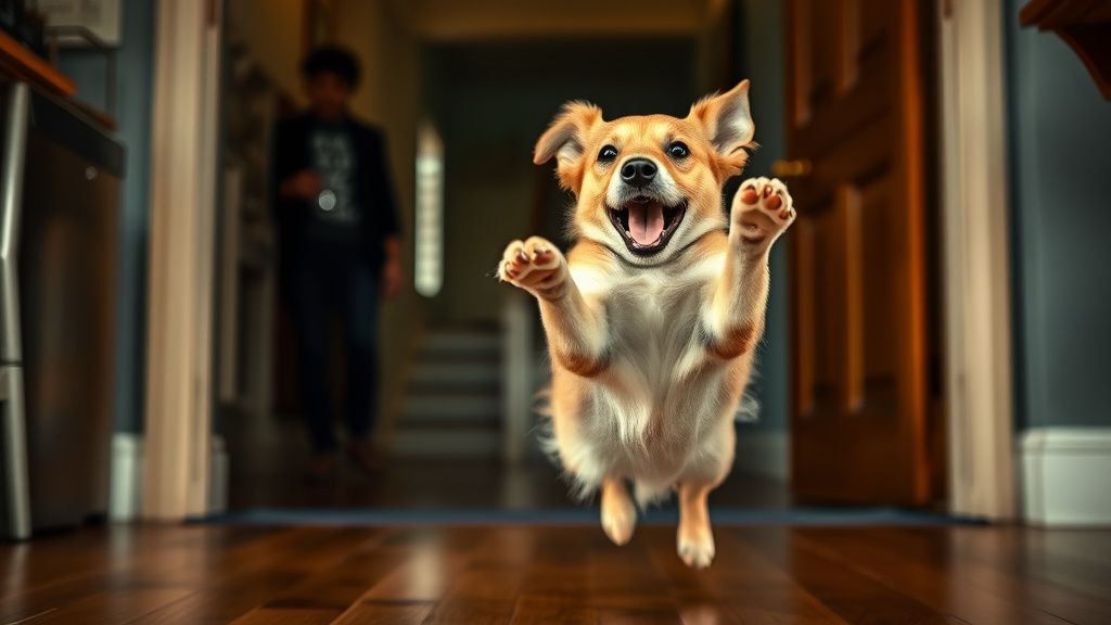 A dog mid-jump, paws in the air, with a blurry background suggesting chaotic mot