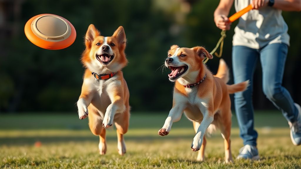 A dog mid-leap, catching a frisbee or playing tug with an owner, showing clear j