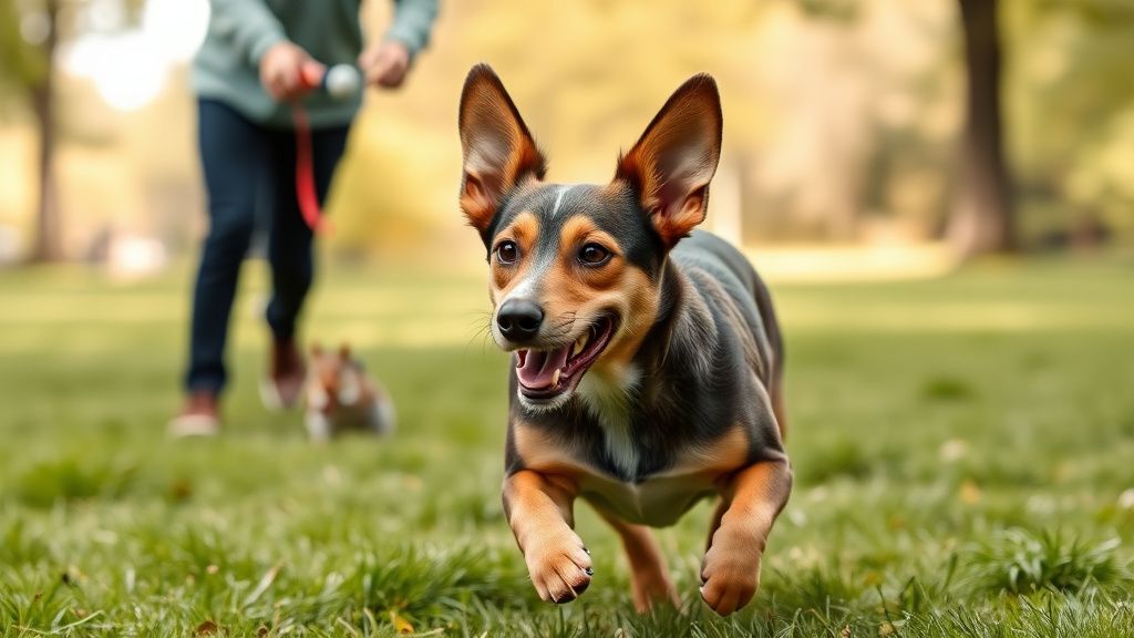 A dog mid-run in a grassy park, ears perked and looking excitedly towards its ow