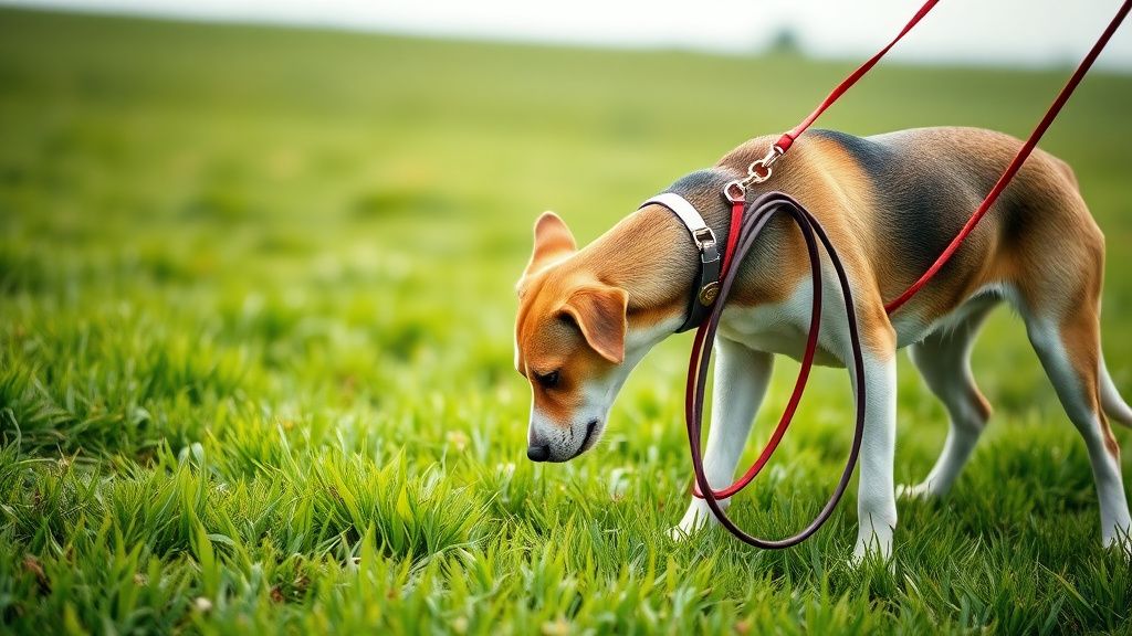 A dog on a long line in a field, sniffing the grass, with the long line coiled l