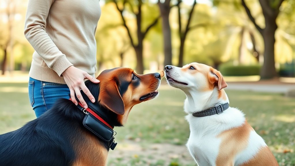 A dog owner giving a small treat to their attentive dog during a training sessio