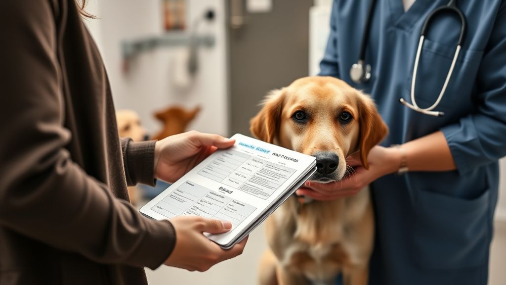 A dog owner handing a detailed medical folder or tablet with health records to a