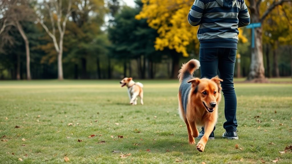 A dog owner in a park, mid-shout, watching their dog run full-speed toward the d