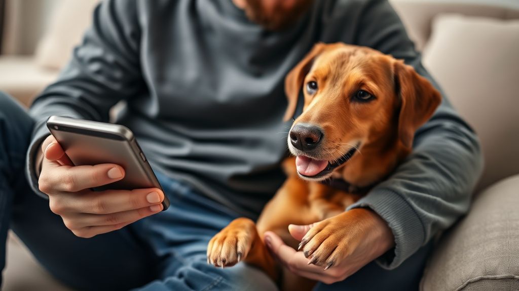 A dog owner sitting calmly with their dog, playing soft storm sounds from a phon