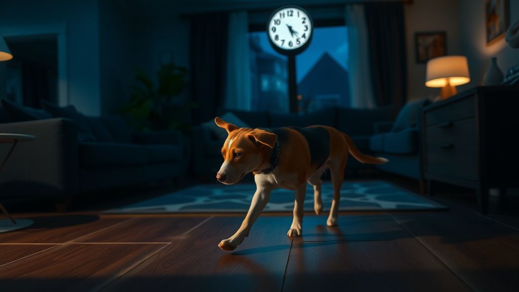 A dog pacing restlessly at night in a dimly lit living room, with a clock showin